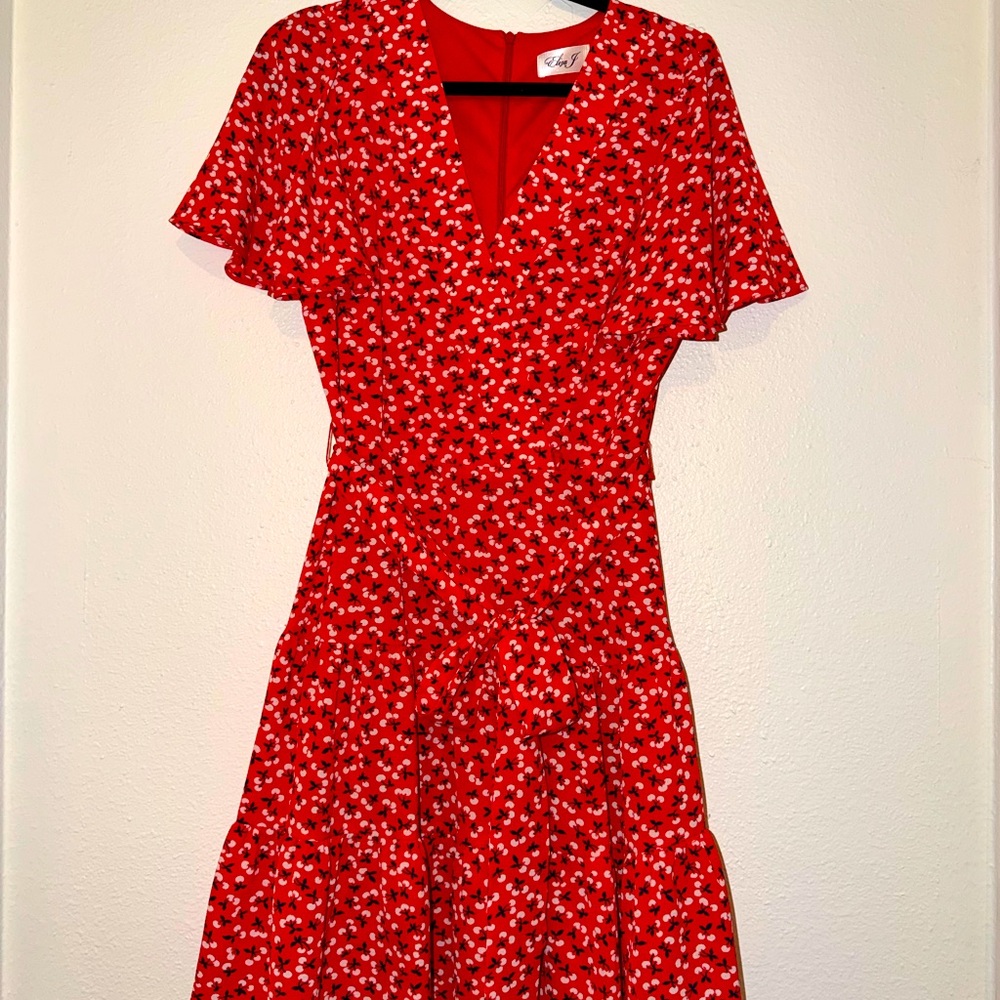 Eliza J V-Neck Flutter Sleeve Fit & Flare Dress - Picture 1 of 3